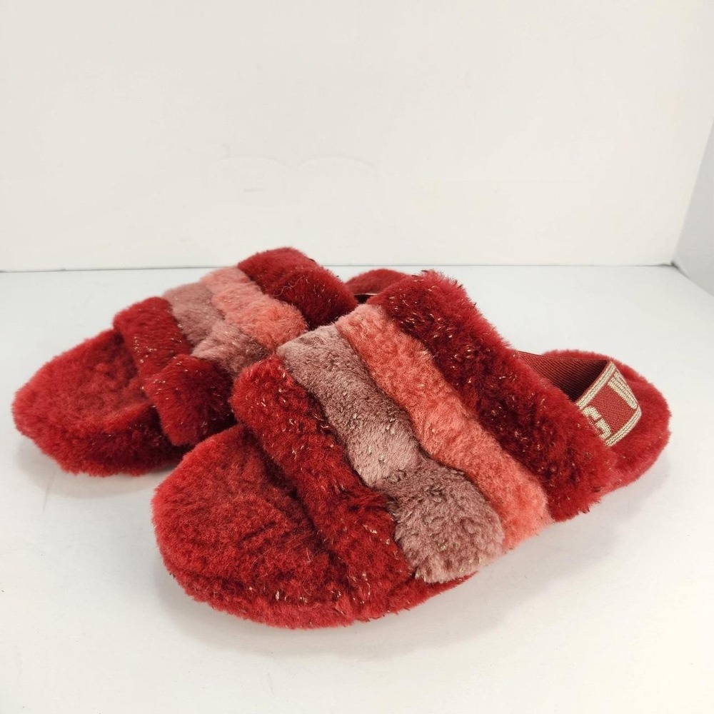 UGG Women's Size 4 Fluff Yeah Slide Sandals Red Pink Faux Fur Strappy Slippers